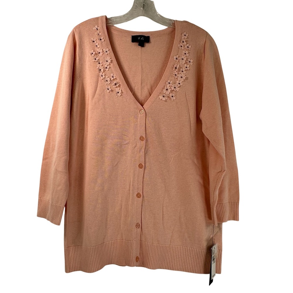 AGB Peach Cotton Floral Applique Beaded V-Neck Cardigan Sweater XL NWT